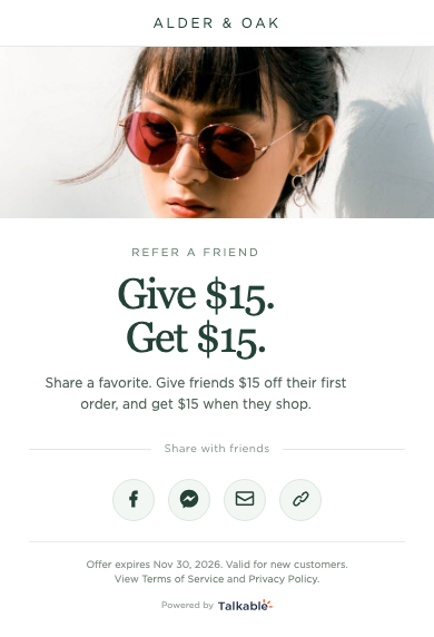 Alder & Oak sharing page: Give $15. Get $15. with social and link sharing