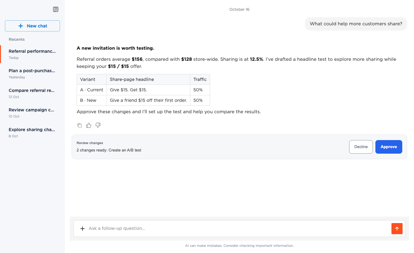 AI uses referral performance to draft a two-variant headline test and presents the changes for merchant approval