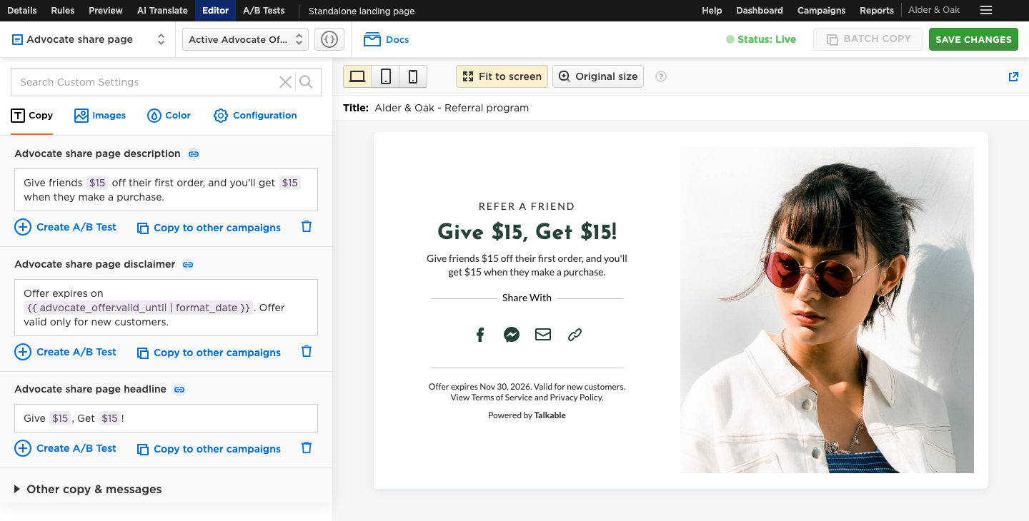 Talkable campaign editor with copy controls and a complete desktop advocate sharing preview