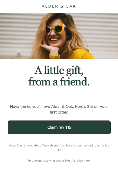 Matching Alder & Oak friend invitation email with a $15 welcome offer
