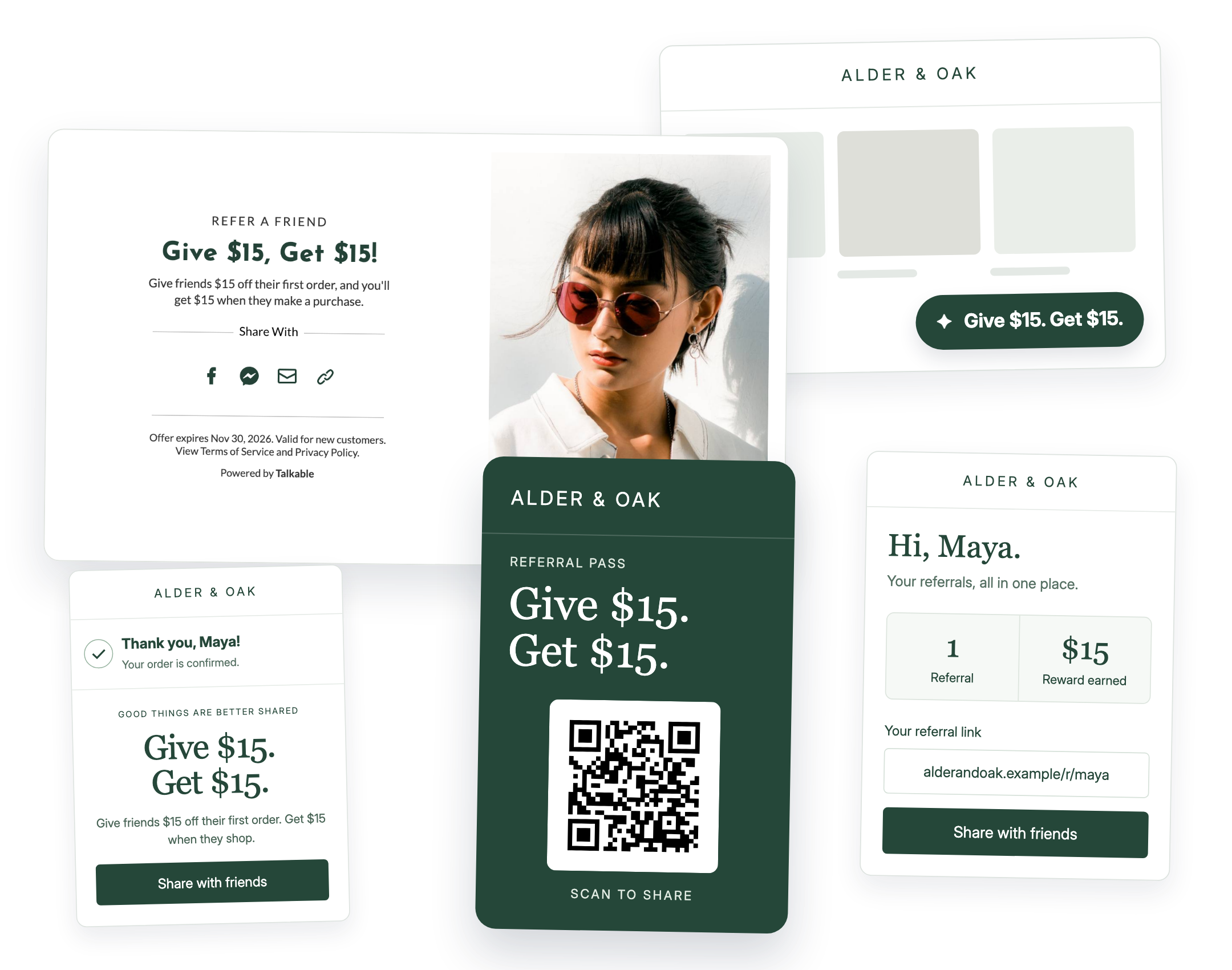 Five combined Alder & Oak campaign previews: a desktop referral landing page, storefront widget, customer dashboard, post-purchase invitation, and wallet pass. Each uses the same $15 offer.